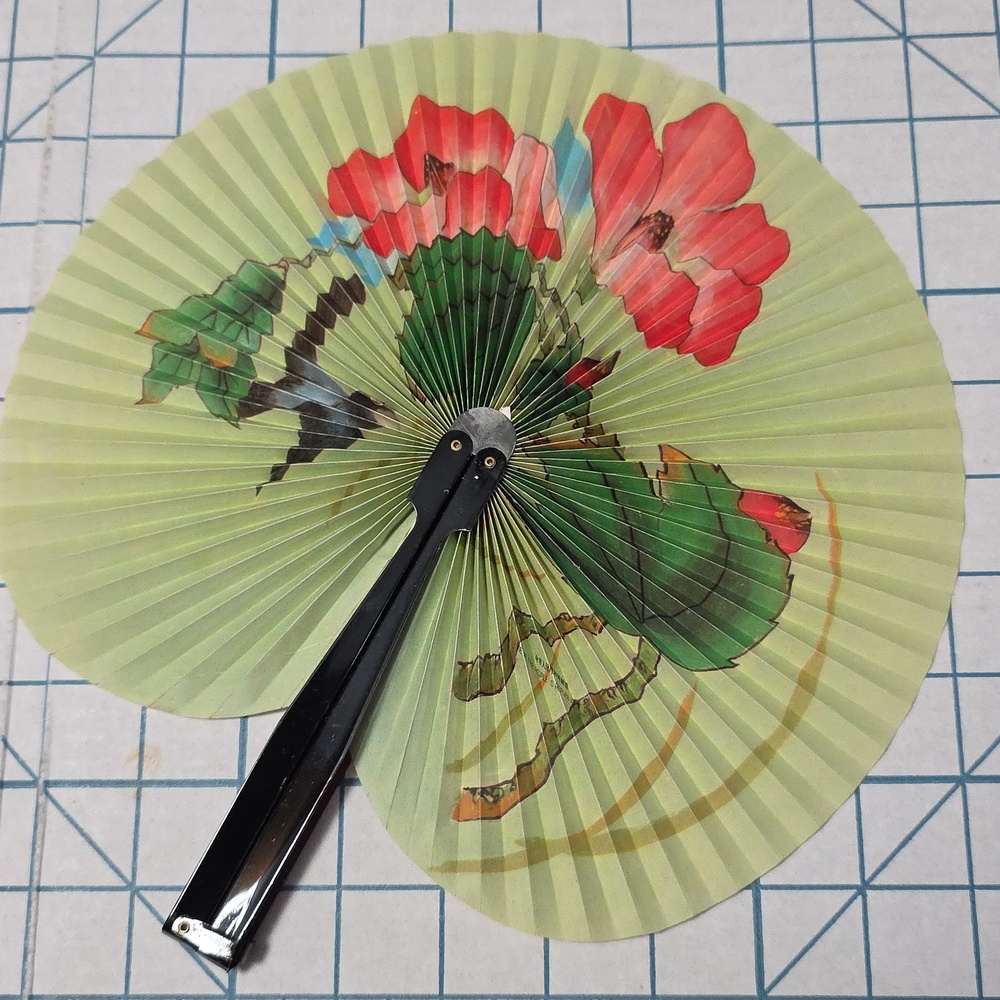 Chinese Paper Folding Hand Fan W/Metal Handle, Vintage Mid-Century, 28